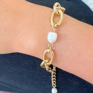KMK Baroque Pearl 18k Gold Plating Over Stainless Steel Oval Link Bracelet